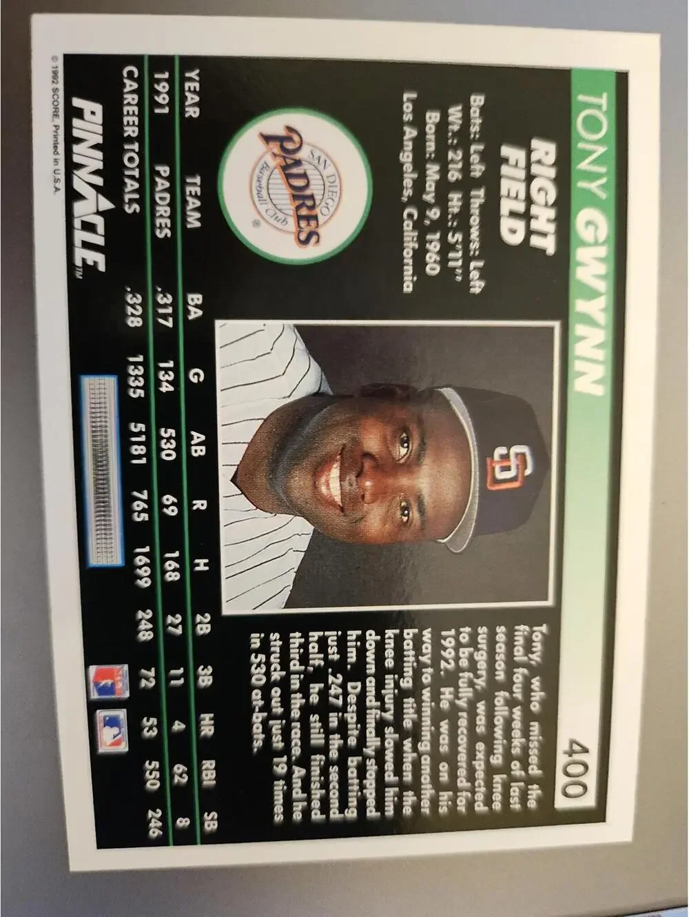 1992 Pinnacle #400 Tony Gwynn San Diego Padres HOF